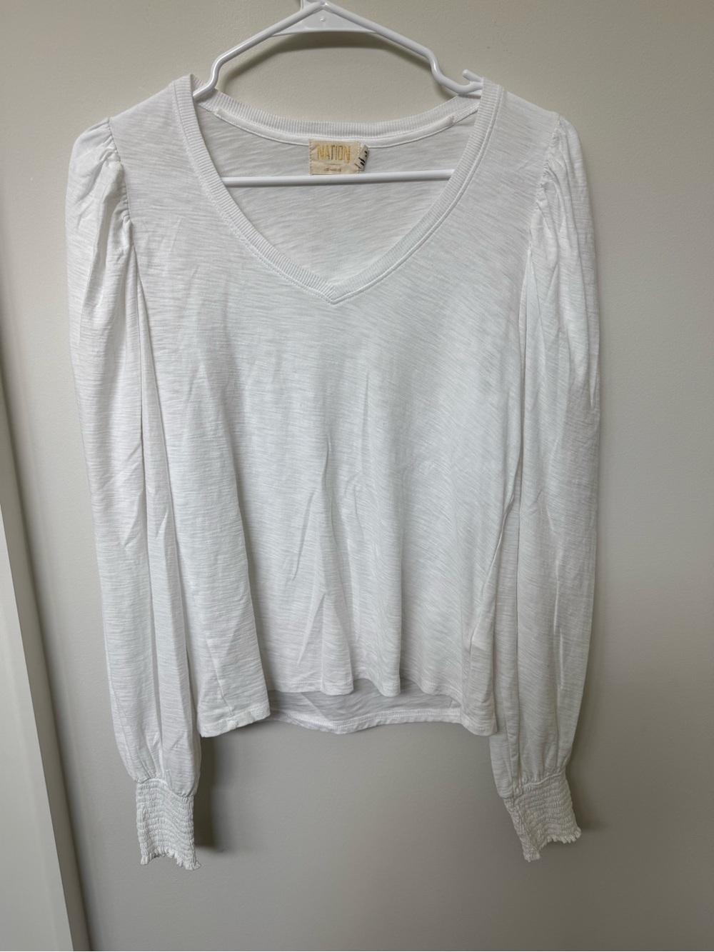 Nation White V-Neck Long Sleeve Top with Puffed Sleeve and Smocked Cuffs